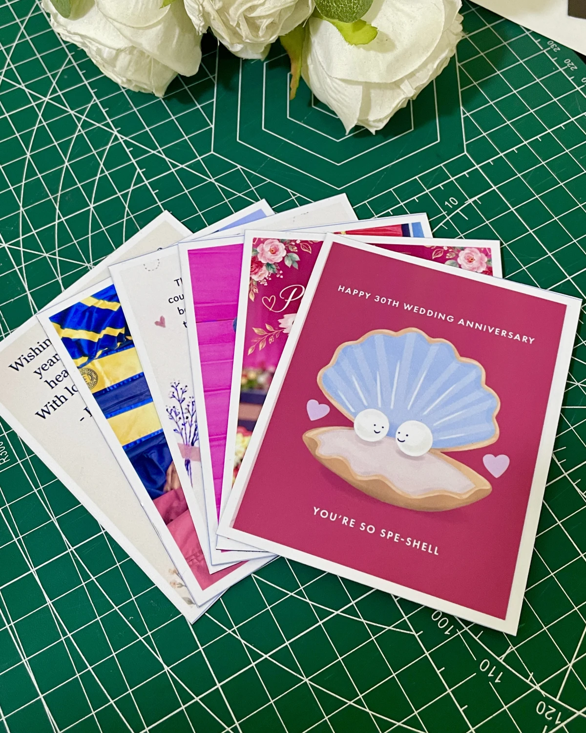 Flexible magnets printed as greeting cards for an anniversary, a graduation and a birthday