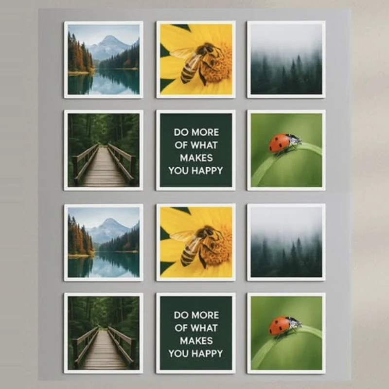 A sample set of 12 small square flexible magnets on a board