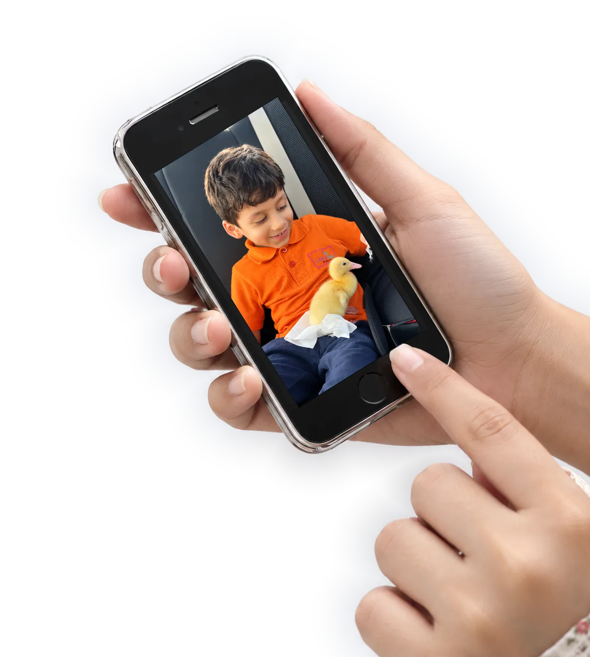 A hand holding a phone showing a photo of a boy with a duckling